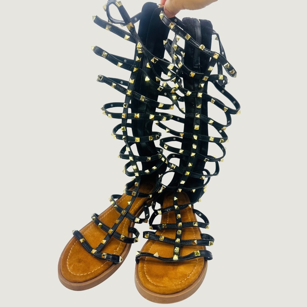 Cape Robbin Womens Studded Gladiator Sandals Black Gold Tall Knee High Size 11